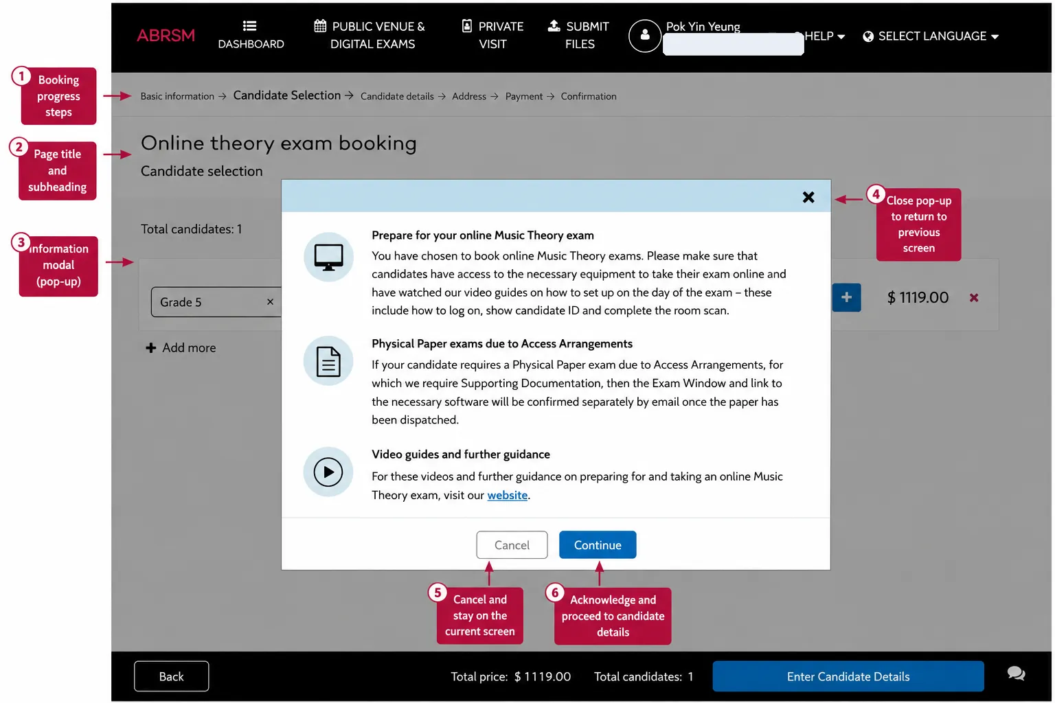 ABRSM Online Music Theory setup warning: confirm the candidate has the required equipment, understands login and room scan steps, and then continue. ABRSM Online Music Theory setup warning modal showing equipment requirements, room scan guidance, access arrangement note, Cancel button, and Continue button.