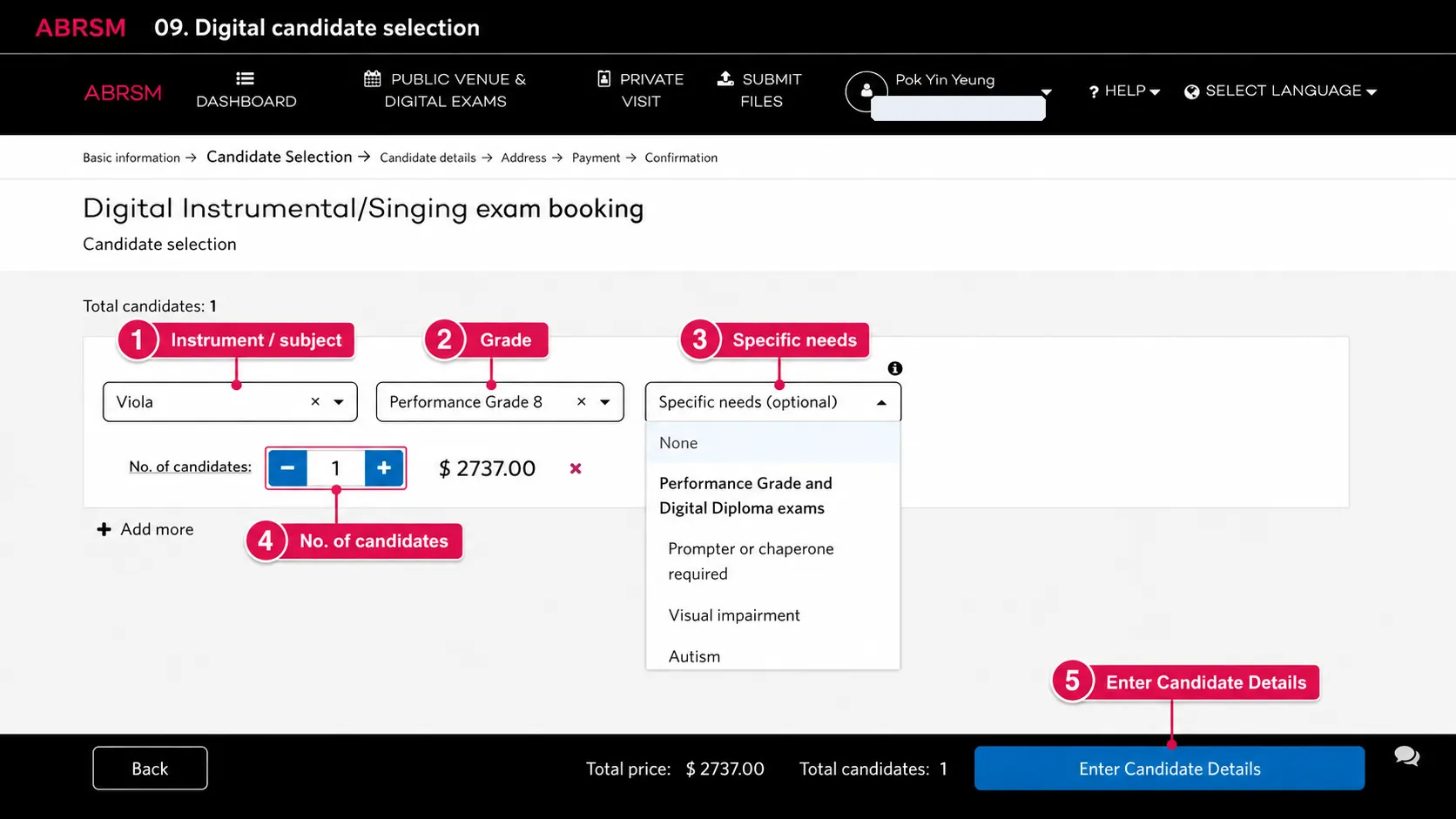 ABRSM specific needs dropdown for recorded practical exams showing None, prompter or chaperone, visual impairment, autism, and other access arrangement options.