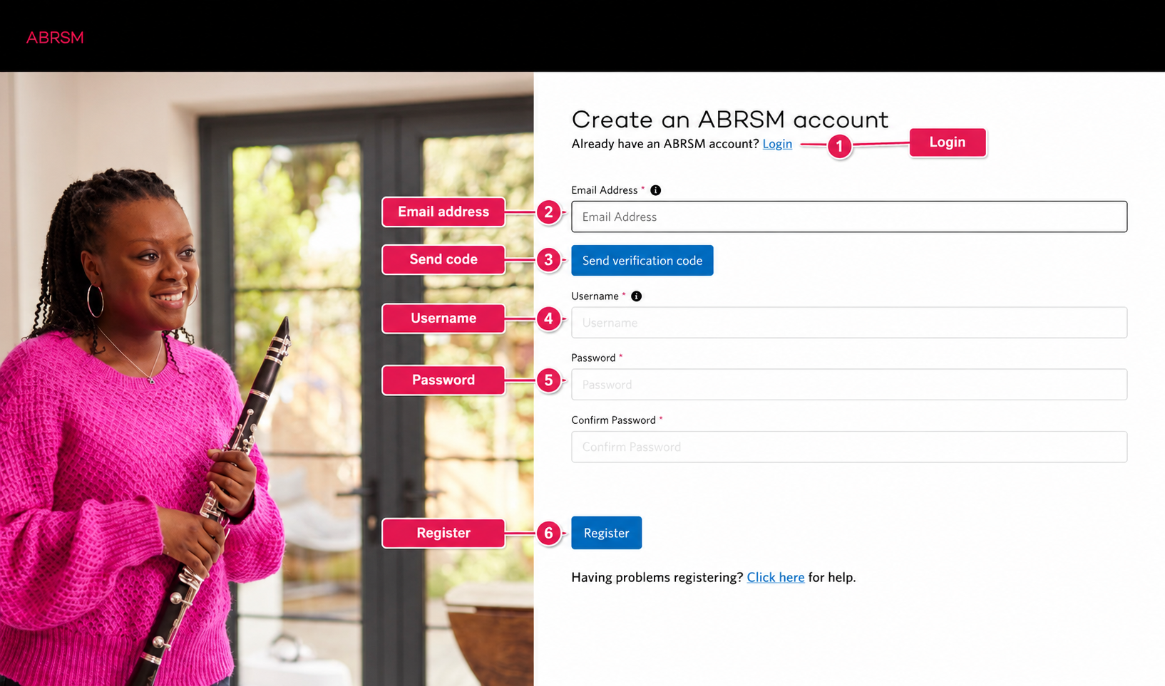 ABRSM account creation screen: existing users should choose Login, while new users enter an email address and request a verification code. ABRSM account creation screen showing the Login link, email address field, verification code button, username and password fields, and Register button.