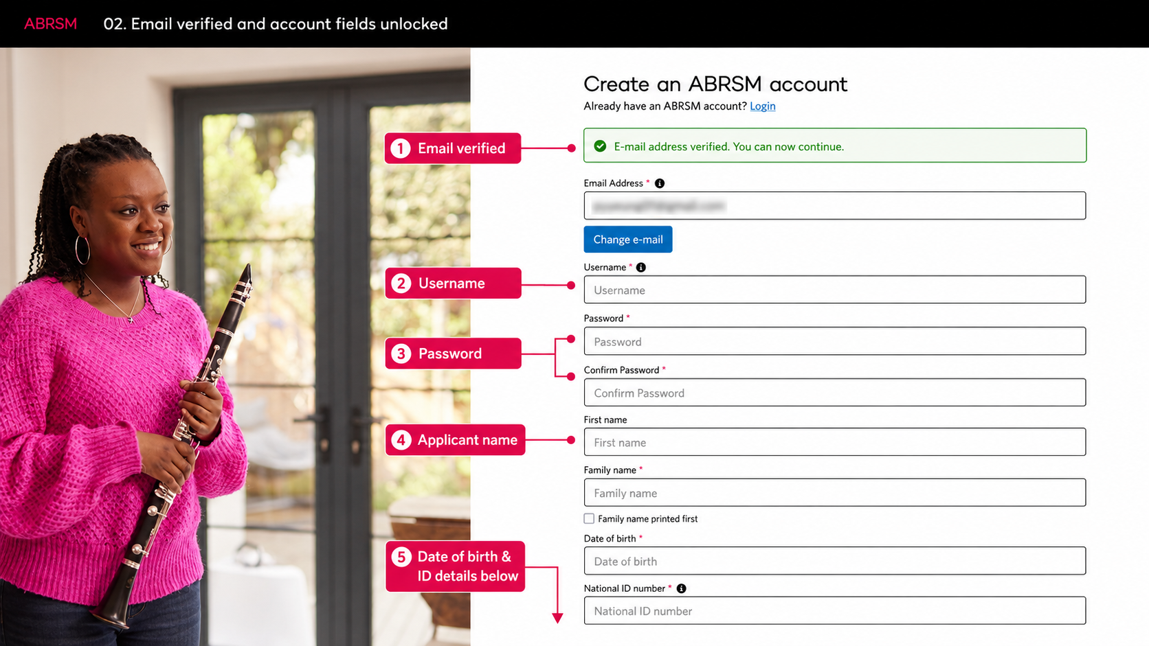 ABRSM email verification screen: after the email is verified, complete username, password, applicant name, date of birth, and National ID details. ABRSM account screen after email verification, showing the verified email message and unlocked username, password, applicant name, date of birth, and National ID fields.