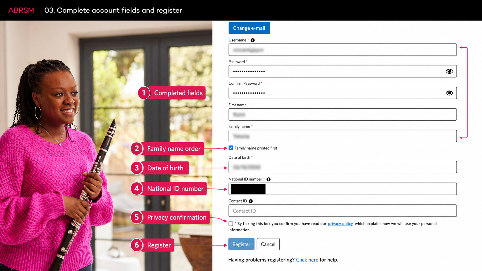 ABRSM registration completion screen: check applicant details, choose family name order if needed, tick the privacy confirmation, and press Register. ABRSM registration screen showing completed account fields, family name order option, privacy confirmation checkbox, and Register button.