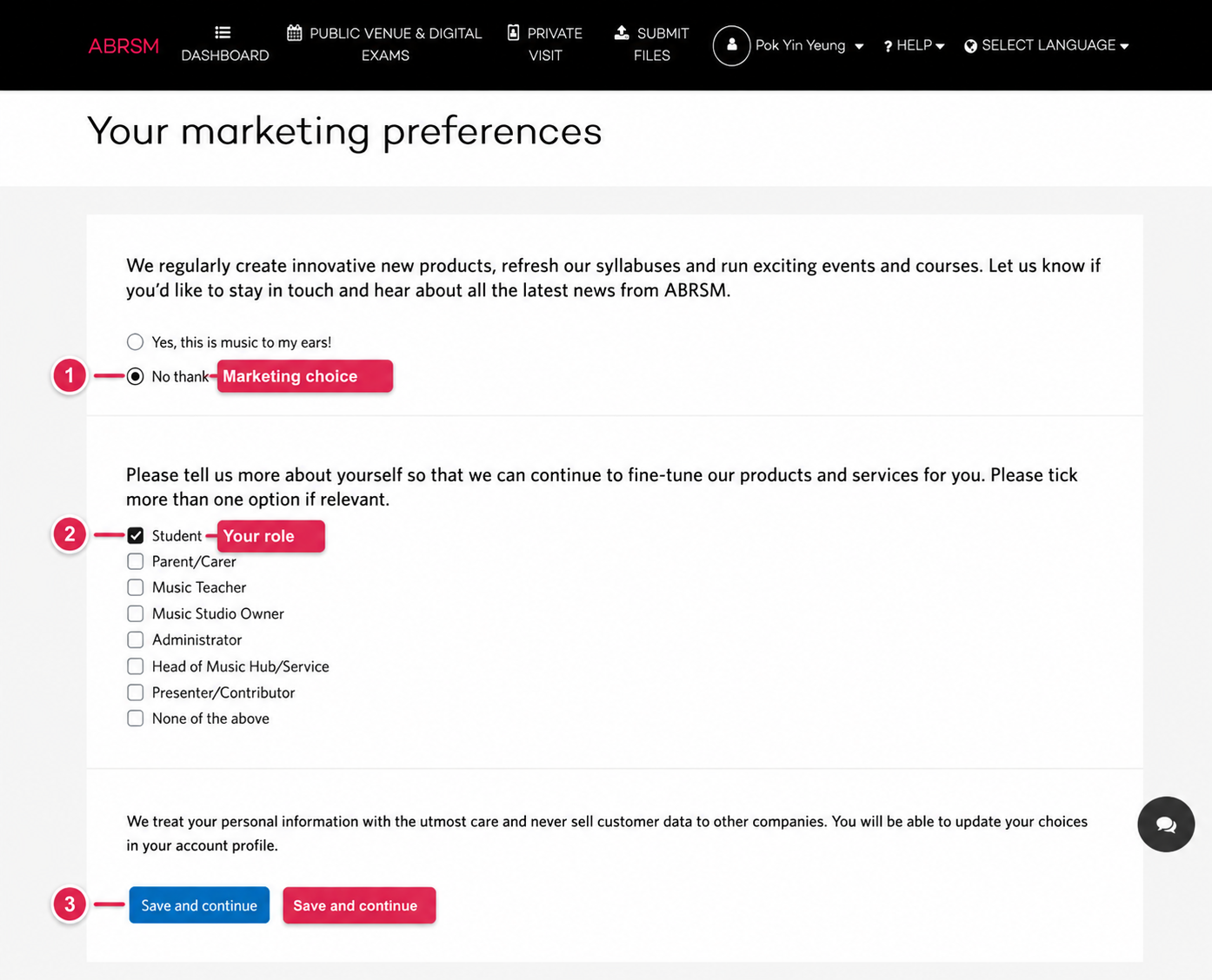 ABRSM marketing preferences screen: choose whether to receive updates, tick the role that describes you, and save to continue. ABRSM marketing preferences screen showing the marketing choice, role checkboxes, and Save and continue button.