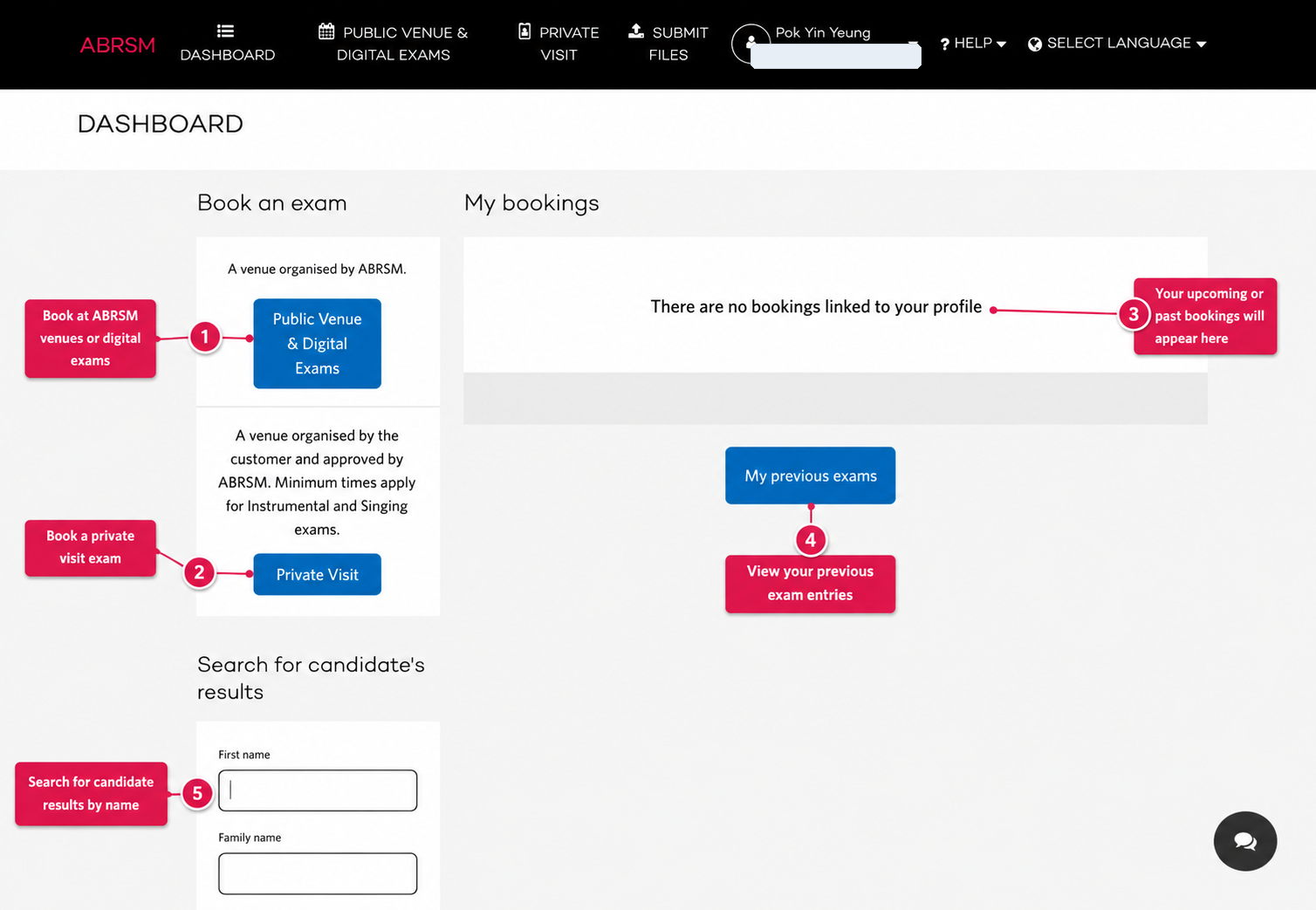ABRSM dashboard: choose Public Venue and Digital Exams to book recorded practical and digital exam routes. ABRSM dashboard showing Public Venue and Digital Exams, Private Visit, My bookings, previous exams, and candidate results search.