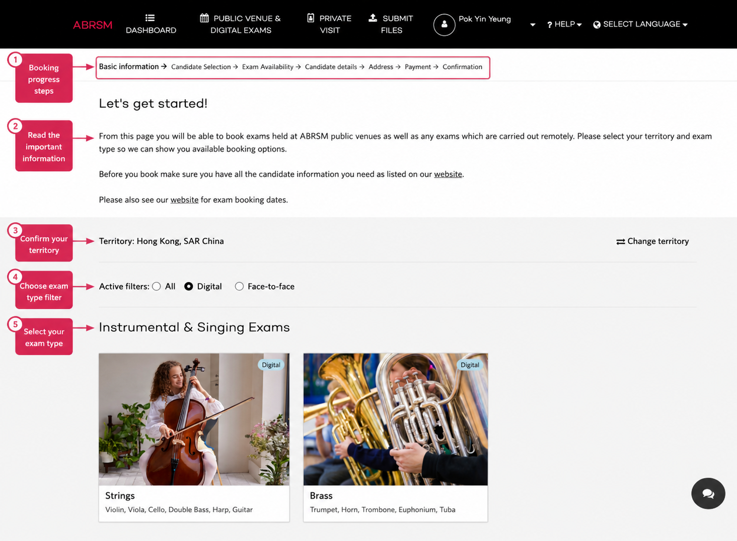 ABRSM basic information screen: confirm the territory, choose the correct active filter, and begin selecting the exam route. ABRSM basic information screen showing booking progress, territory, active filters, and the beginning of the instrumental and singing exam card list.