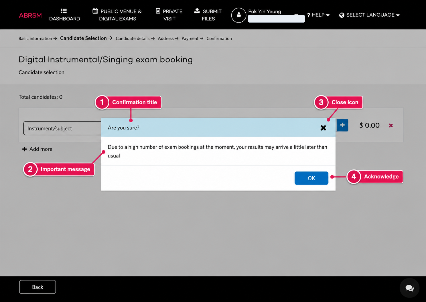 ABRSM recorded practical booking notice: read the results-delay message and press OK to continue. ABRSM recorded practical booking notice showing a results-delay message and OK button.