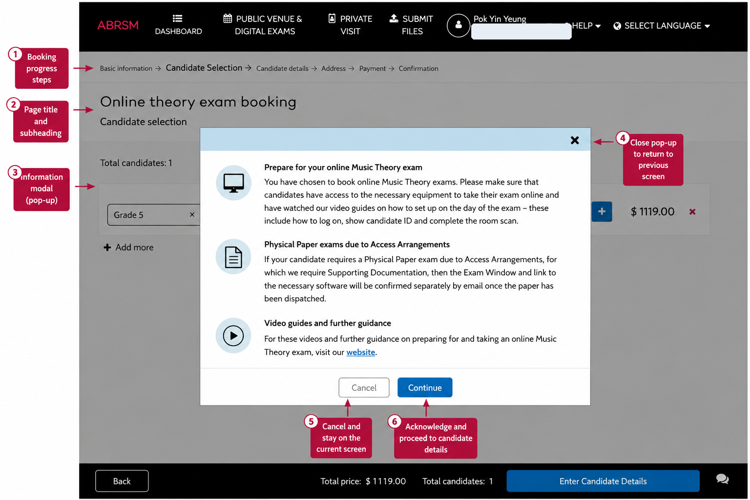 ABRSM Online Music Theory setup warning: confirm the candidate has the required equipment, understands login and room scan steps, and then continue. ABRSM Online Music Theory setup warning modal showing equipment requirements, room scan guidance, access arrangement note, Cancel button, and Continue button.