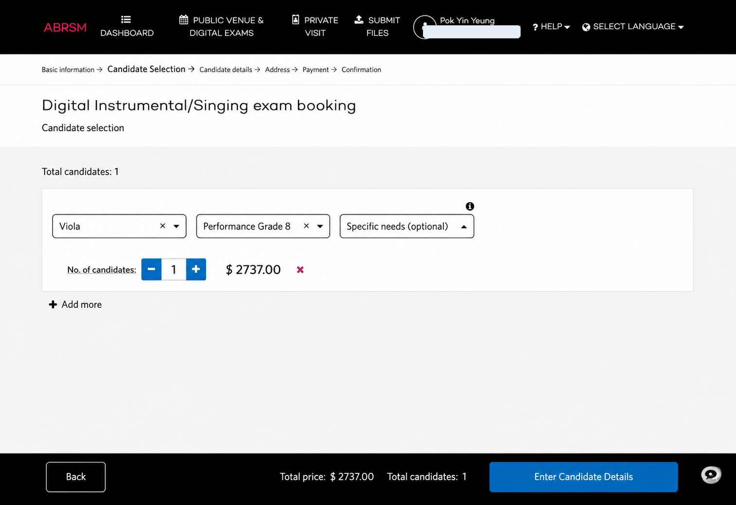 ABRSM recorded practical candidate selection: choose the instrument or subject, grade, specific needs option, and number of candidates. ABRSM recorded practical candidate selection screen showing instrument, grade, specific needs, number of candidates, price, and Enter Candidate Details button.