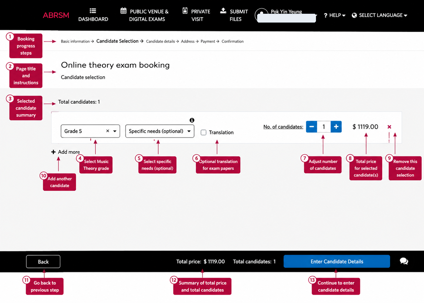 ABRSM Online Music Theory candidate selection: choose the grade, specific needs option, translation option if needed, and number of candidates. ABRSM Online Music Theory candidate selection screen showing grade, specific needs, translation option, number of candidates, total price, and Enter Candidate Details button.