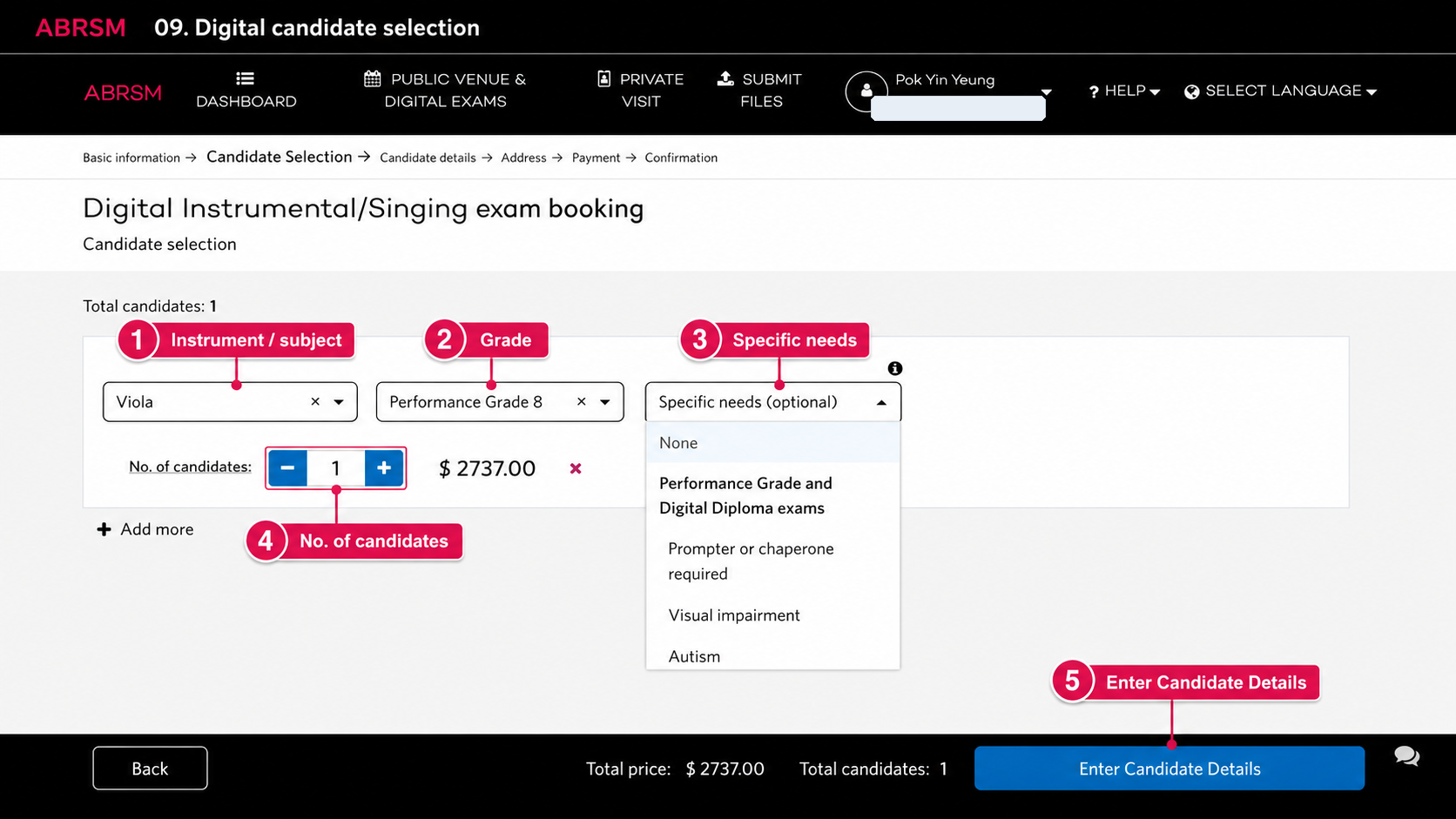 ABRSM specific needs dropdown: choose the correct access arrangement option, or None if no specific needs apply. ABRSM specific needs dropdown for recorded practical exams showing None, prompter or chaperone, visual impairment, autism, and other access arrangement options.