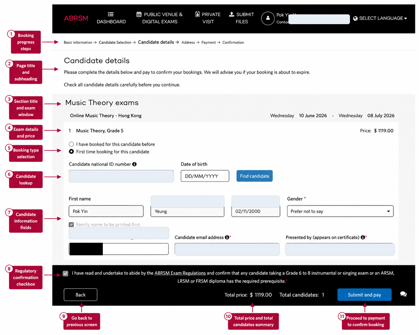 ABRSM Online Music Theory candidate details: find or create the candidate, check the email address and certificate name, tick the regulations confirmation, and submit for payment. ABRSM Online Music Theory candidate details screen showing exam window, exam price, repeat or first-time candidate choice, candidate lookup, candidate information fields, regulations checkbox, and Submit and pay button.