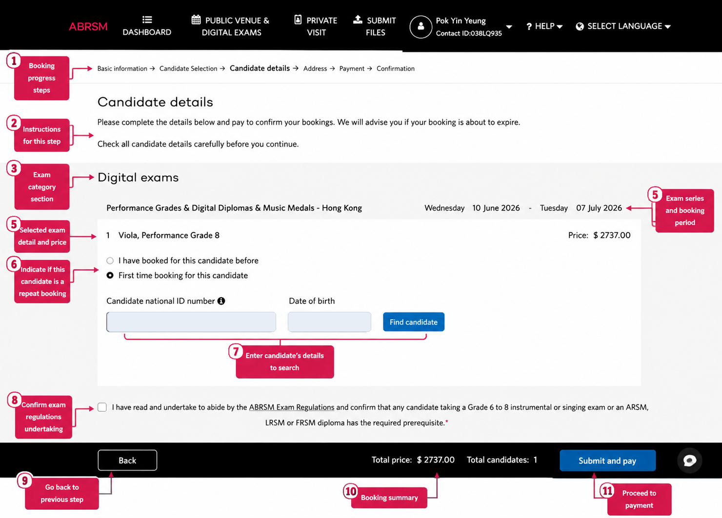 ABRSM recorded practical candidate details: find or create the candidate, check the exam details, tick the regulations confirmation, and submit for payment. ABRSM recorded practical candidate details screen showing booking progress, selected exam, repeat or first-time candidate choice, candidate lookup, regulations checkbox, total price, and Submit and pay button.