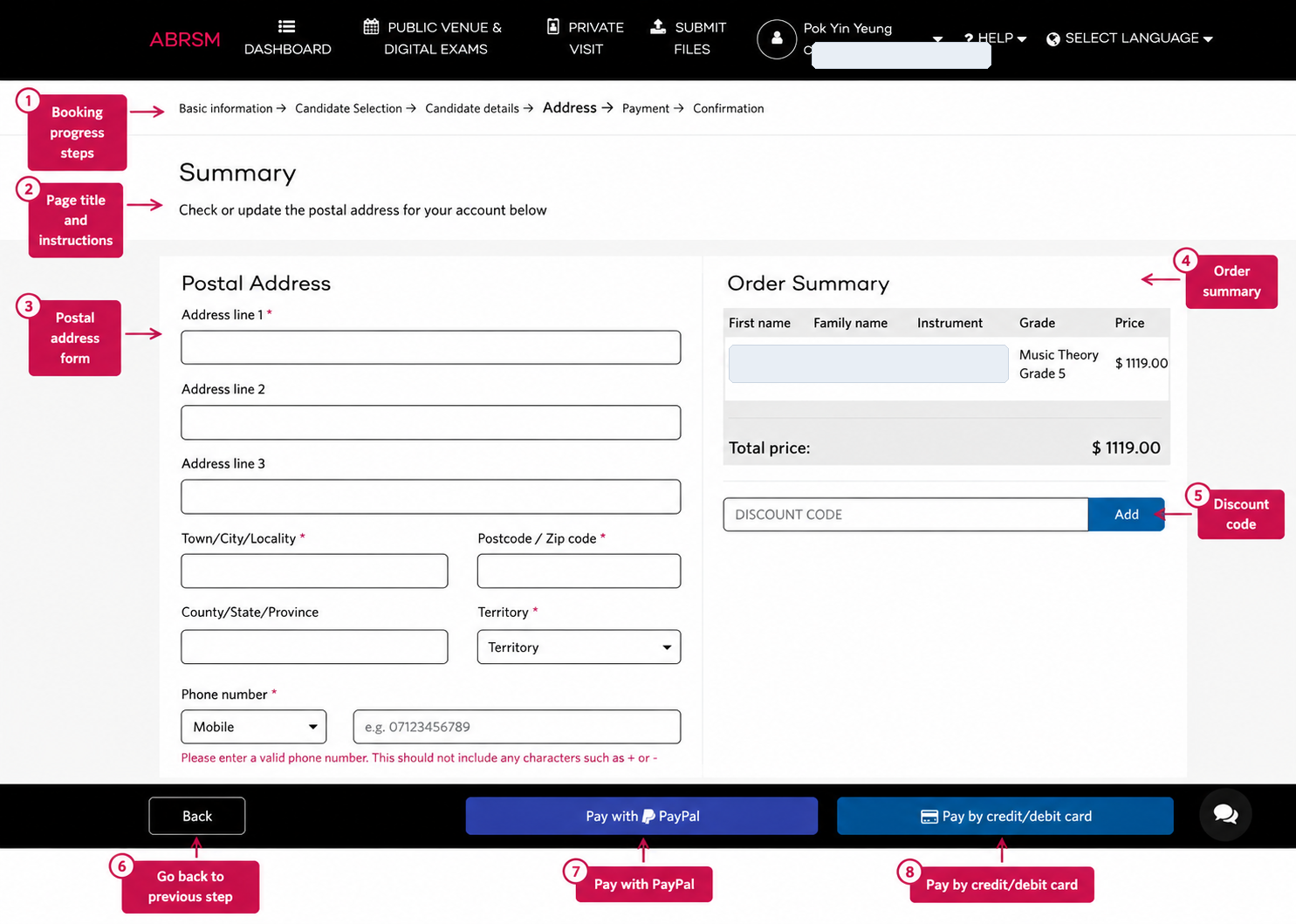 ABRSM Online Music Theory payment summary: fill the postal address, check the order summary, add any discount code, and pay by PayPal or card. ABRSM Online Music Theory summary screen showing postal address fields, order summary, discount code field, PayPal button, and credit or debit card payment button.