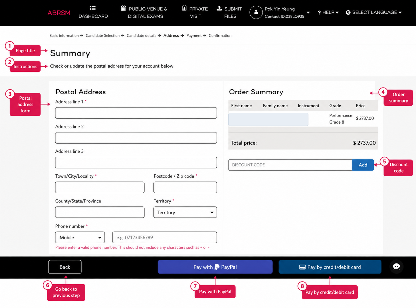 ABRSM recorded practical payment summary: fill the postal address, check the order summary, add any discount code, and pay by PayPal or card. ABRSM recorded practical summary screen showing postal address fields, order summary, discount code field, PayPal button, and credit or debit card payment button.