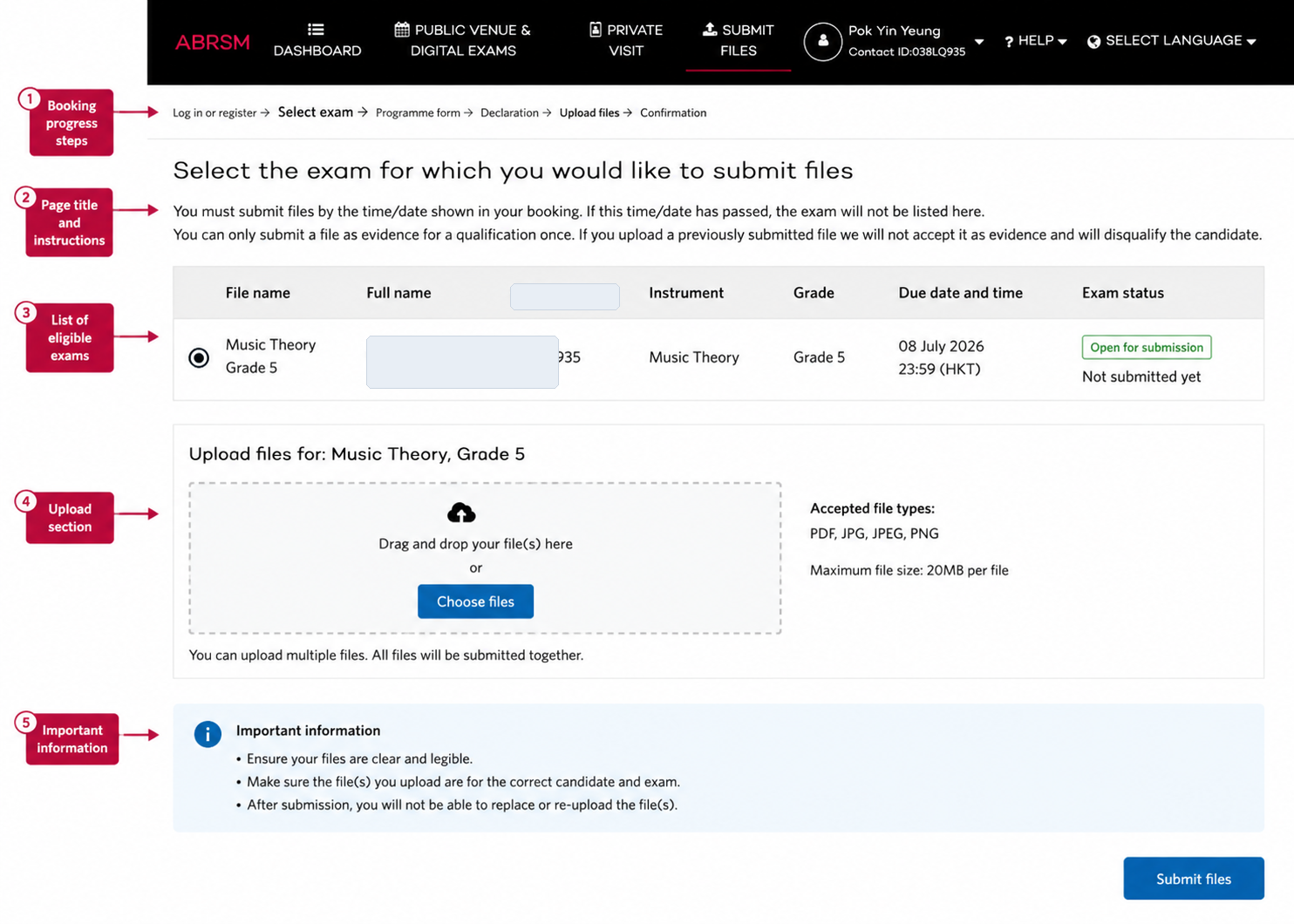ABRSM Submit Files screen: select the booked recorded practical exam, upload the required files, check the deadline, and submit before the due date. ABRSM Submit Files screen showing the selected exam, due date and time, exam status, upload area, accepted file types, important information, and Submit files button.