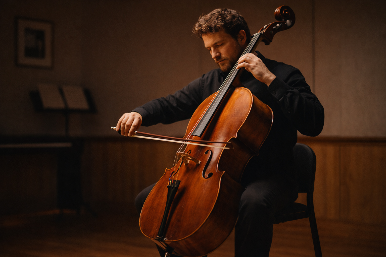 Cello A cellist playing in a quiet practice room.