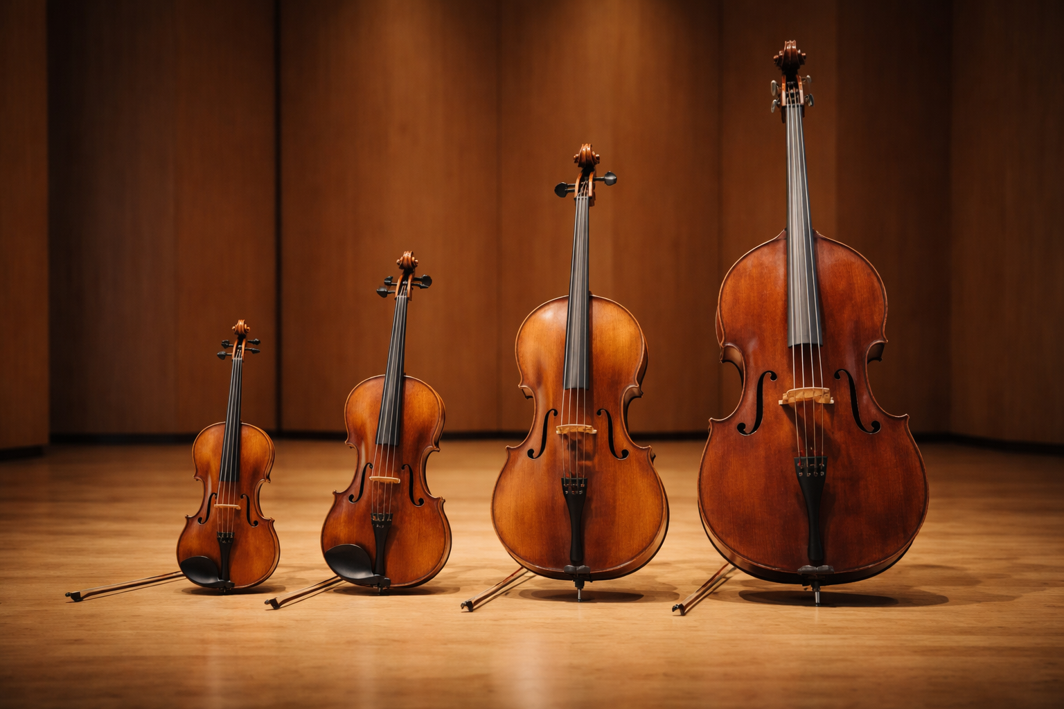 String family The string family arranged on a recital-hall stage.