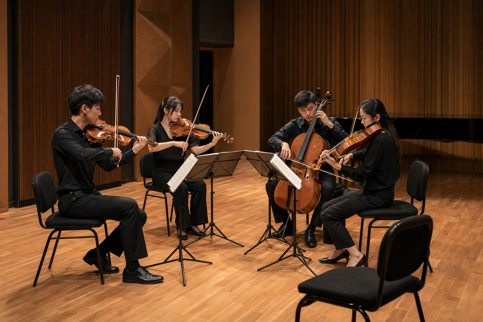 HKAPA:以演奏為中心的 conservatoire 訓練 在溫暖木色 recital stage 上排練的室內樂組合。