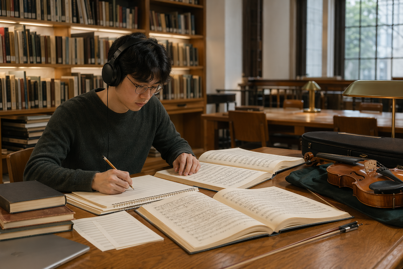 HKU:音樂、閱讀、研究與聆聽放在同一個生活裡 在音樂圖書館裡聽錄音、看總譜、寫筆記的學生。