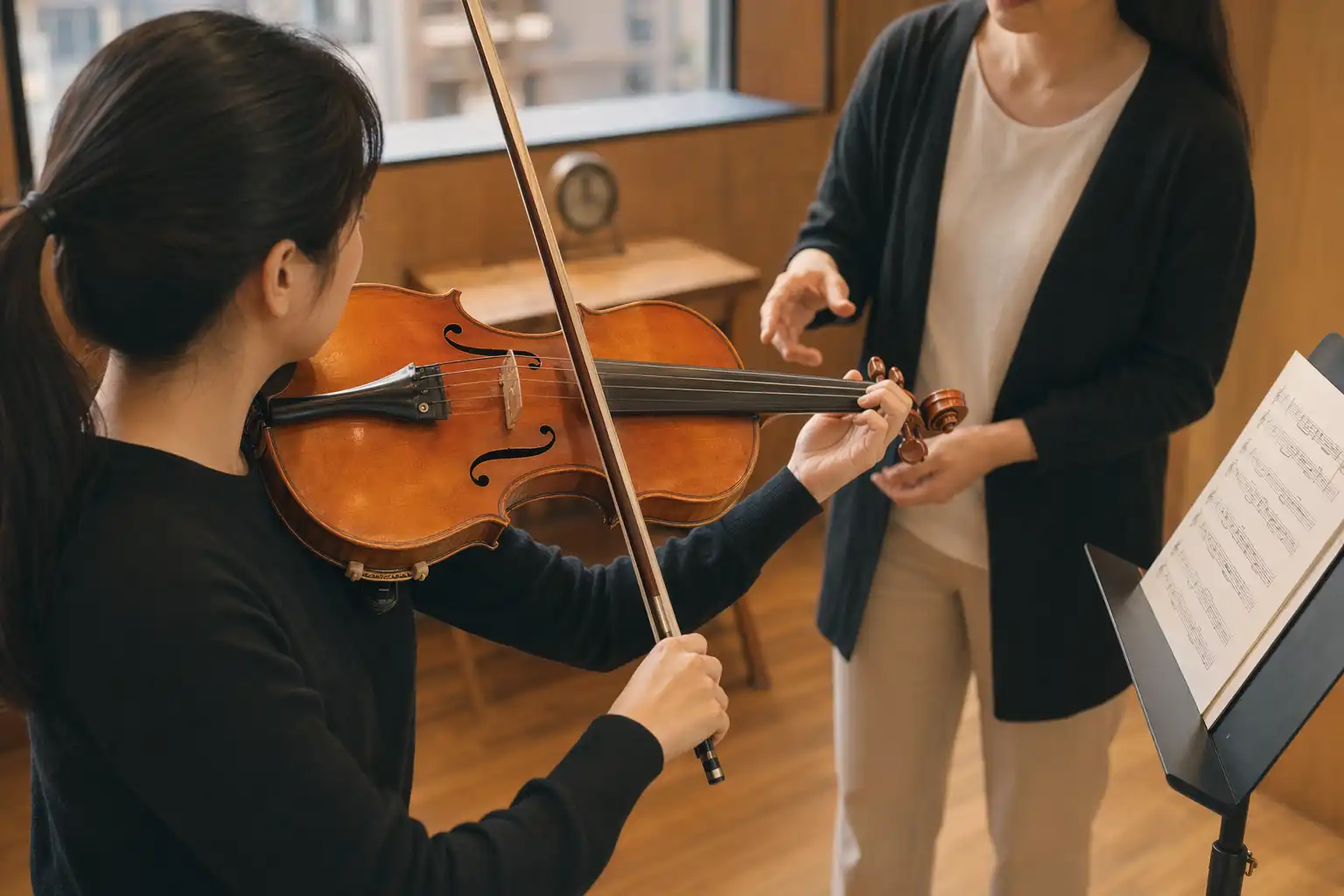 A private viola lesson in a warm Hong Kong music studio