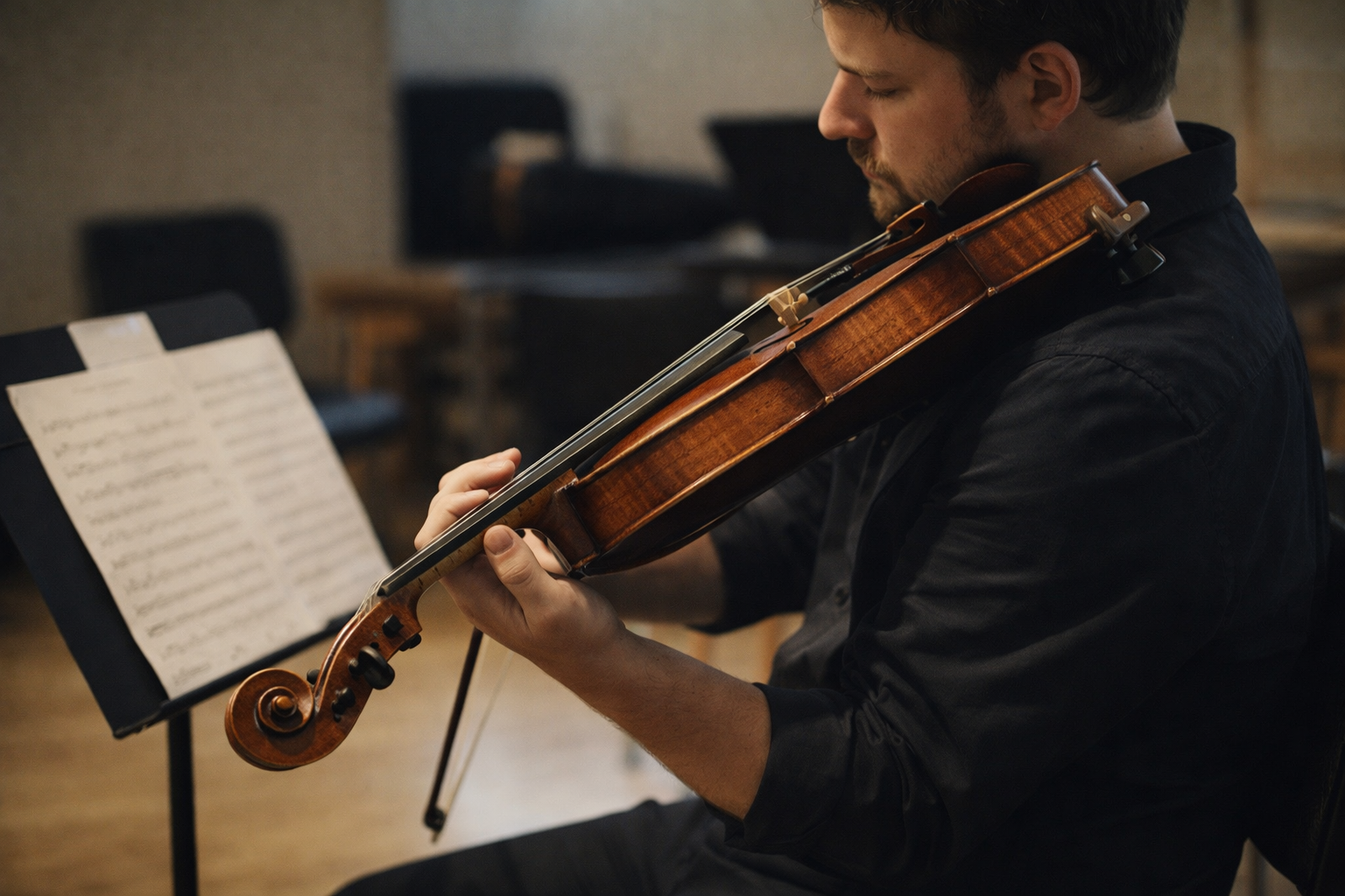 Viola A violist holding the viola in rehearsal.