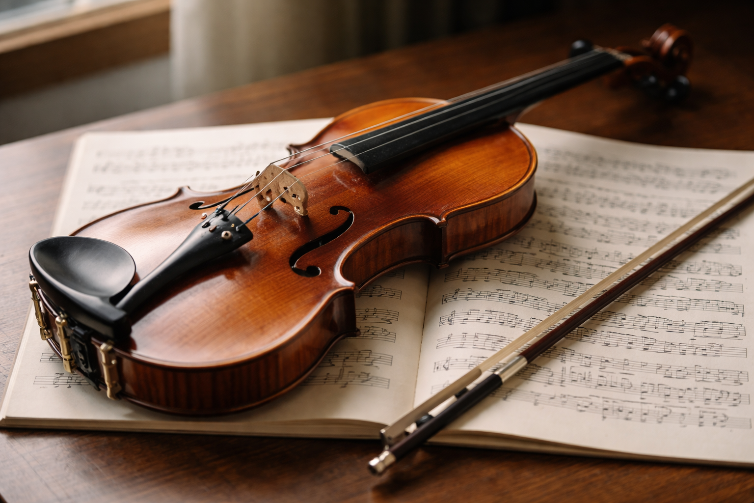 Violin A violin resting on an open score in warm light.